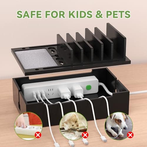 Pezin & Hulin Bamboo Charging Station for Multiple Devices, USB Charger Dock Organizer, with Power Supply (10 Ports HUB), 6 Cables, Cable Management Organizer for Cell Phones, Tablets -Black — view 6
