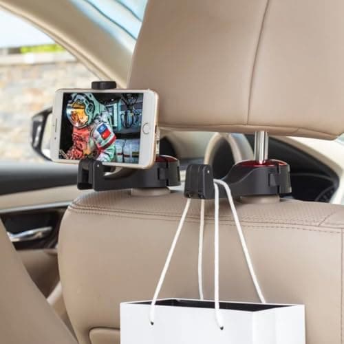 Orco 2 Pack Car Headrest Hook with Phone Holder, 2-in-1 Universal Back Seat Hanger for Purses and Bags, 360° Rotation Heavy Duty Vehicle Organizer, Compatible with 4.0-6.44" Smartphones - Black — view 6