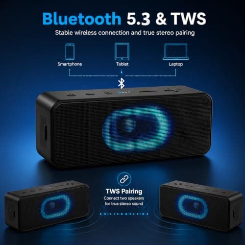 Ortizan Bluetooth Speaker, Speakers Wireless Bluetooth, 24-Hour Playtime, RGB Light, Louder Volume & Enhanced Bass, IPX6 Waterproof, TWS, AUX Input Built-In Mic for Home Outdoor Beach Travel Sport — view 6