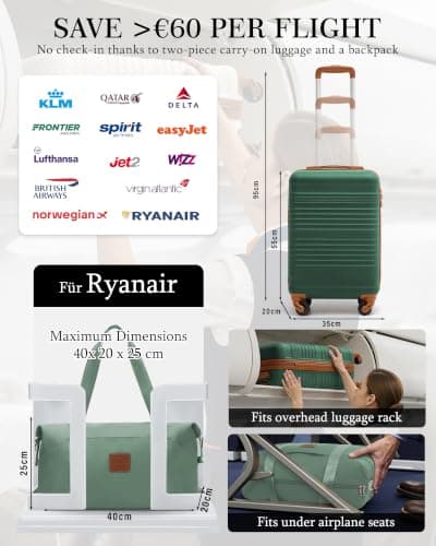 COOLIFE 55×35×20 Cabin Suitcase + 40x25x20cm Ryanair Cabin Bag EasyJet Set — view 2