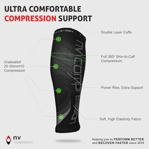 NV Compression Essential Race and Recover Calf Guards/Sleeves (PAIR) 20-30mmHg - For Sports Recovery, Shin Splints, Medical, Work, Flight - Running, Cycling, Gym (Bk/Grey Chevrons, S-M) — view 4