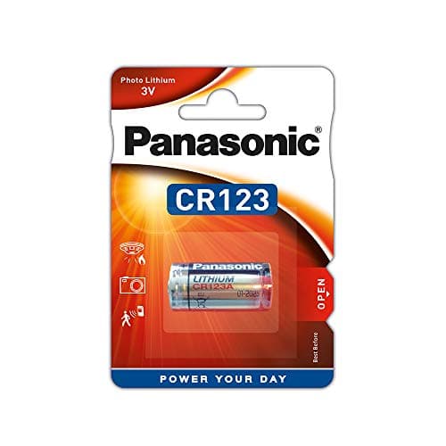 Panasonic CR123 cylindrical lithium battery for high power-consuming lightweight appliances such as smoke alarms, intruder alarm systems, head lamps, cameras, 3V, pack of 1.
