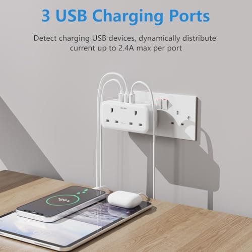 Plug Adapter with 3 USB (2 Pack), Mscien Multi Plug Extension Socket, Double Plug Adaptor with Dual 2 Pin Socket at The Bottom, 13A UK Multiplug Extender, Wall Charger Power Socket for Home Office — view 3