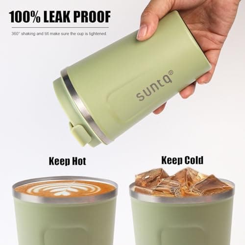SUNTQ Reusable Coffee Cups Travel-Coffee Travel Mug with Leakproof Lid-Thermal Mug Insulated Cup-Stainless Steel Coffee Travel Cup for Hot and Cold Drinks, 13oz/380ml,Sage Green — view 4