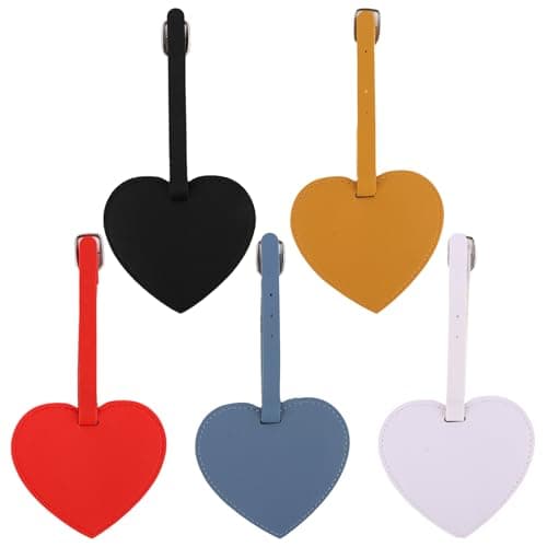 KIUEZIR 5 Packs Heart Shaped Luggage Tags for Suitcases - Vibrant PU Leather Travel ID Labels with Privacy Cover & Adjustable Buckle, Elegant Suitcase Identifiers for Business & Holiday Travel