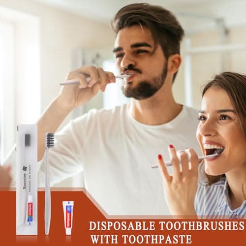 Hotel Toothbrush Set,60Pack Apricot Travel Toothbrush Set Individually Wrapped Disposable Toothbrushes and Toothpaste for Hotel,Homeless,Nursing Home,Charity — view 2