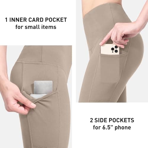 baleaf Thermal Leggings Women Fleece Lined Legging with Pockets Water Resistant Warm Winter Yoga Pants High Waisted Walking Trousers Khaki M — view 5