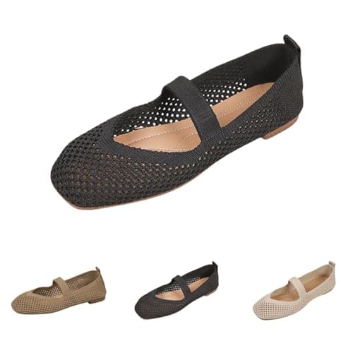 Cream Wedges - Women's Mary Jane Flat Shoes, Plain Round Toe Ballet Pumps with Knitted Mesh Upper, Low Heel Casual Comfort Walking Footwear for Work Office Travel Daily Wear Commute — view 4