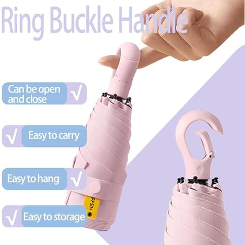 Travebo Mini Travel Folding Umbrella with Carabiner Ring Handle for Women Kids,Lightweight Compact,Portable Small,Handbag,Pocket,UV Protection,Fiberglass Ribs,Teflon coating,Rain Sun — view 6