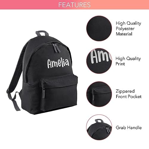 Print Maniacs Personalised School Backpack Large 18L Kids Travel Rucksack Junior Shoulder Collage Rucksack Back To School Girls Boys Lunch Swimming P.E Laptop Book Bag Name (Black) — view 3