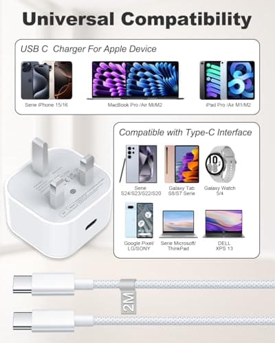 iPhone 15 16 17 Fast Charger, 20W USB C Charger Plug and Nylon Braided Cable 2M for iPhone 15 16 17 Pro Max/Pro/17 Air/17 16 15/iPad Air, USB C Plug UK Power Adapter with USBC to Type C Charging Cable — view 6