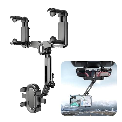 Figtacico Rear View Mirror Phone Holder - 4-Claw Anti-Shake Car Rearview Mirror Smartphone Mount with 360° Rotatable Retractable Adjustable Universal Fit for 4-7 Inch Cell Phones