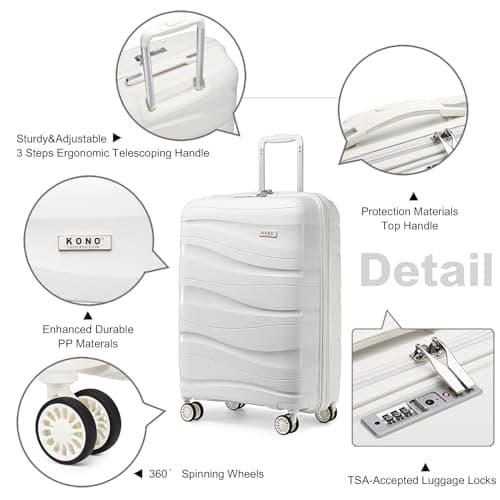 Kono Medium Luggage Suitcase with 4 Wheels 24” Lightweight Polypropylene Hard Shell Suitcase with TSA Lock (White) — view 2