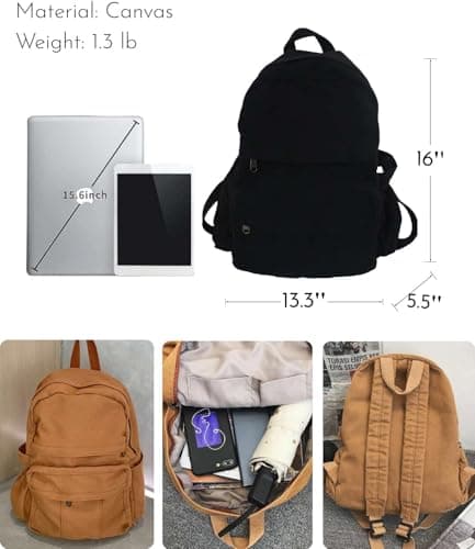 GAMLFL Canvas Backpack for Women Retro Aesthetic Rucksack Basic Backpack for High School/College Students Travel Laptop Bag, Black, 5.6 x 13.3 x 16.2 inches, Travel Backpacks — view 5