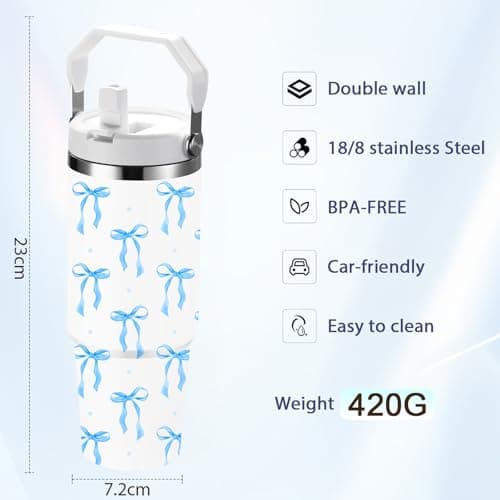 FOLAI Leakproof Flip Water Tumbler,30oz Stainless Steel Hot and Cold Water Bottle with Ergonomic Handle and Straw Keeps Cold For 12+ Hours,Ideal for Gym,Car,Beach-Easy to Carry Travel Mug(Blue bow) — view 2