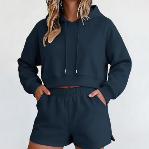 Women 2 Piece Outfit Raglan Sleeve Cropped Hoodie Shorts Loungewear Set — view 3