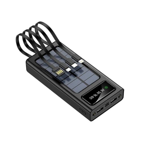 Portable Solar Power Bank with Built-in Cables, Black,White,LED Display, Solar Charging, Compact Travel Design (Black, Milliamp Hours, 50000.0)