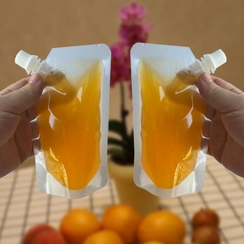 Yelinosk 20pcs Clear Drink Pouches 250ml with caps and 2 Funnels for Festivals,Leak Proof Alcohol Juice Liquid Pouches Bags, Beverage Bags, Plastic Hip Flask for Parties, Picnic, Travel, Sports — view 5
