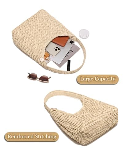 SUANNI Beige Straw Beach Bag for women, Woven Tote Hobo Bags, Lightweight Casual Boho Summer Shoulder Handbag, Packable Mesh Everyday Purse for Holiday Shopping Travel — view 6