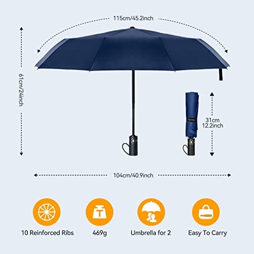 TechRise Umbrella Compact Windproof Travel Umbrellas: Easy Auto Open Close, Strong Fiberglass Frame, Durable Folding Lightweight Portable Automatic Backpack Umbrella for Men and Women, 10 Ribs — view 5