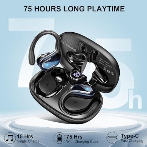 Ltinist Wireless Earbuds, Bluetooth 5.4 Headphones Sport 75H Stereo, Black — view 5