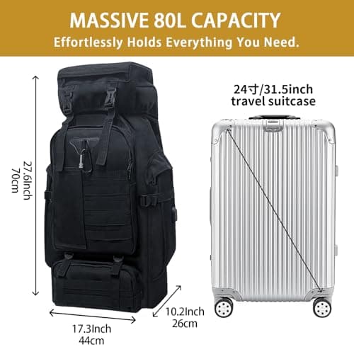 Vaupan 80L Camping Hiking Backpack, Large Military Tactical Backpack with USB Charging Port, Waterproof Travel Daypack With Carabiner Outdoor MOLLE Rucksack for Men Women (Black-Biner) — view 3