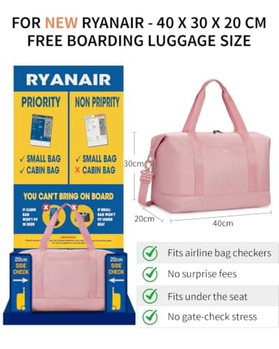 ECOHUB Ryanair Cabin Bags 40x30x20, 24L Underseat Hand Luggage Bag, Foldable Carry On Bag with Removable Wet Pocket, Water-Resistant Overnight Hospital Weekend Bag for Women, Pink (Patent Pending) — view 2