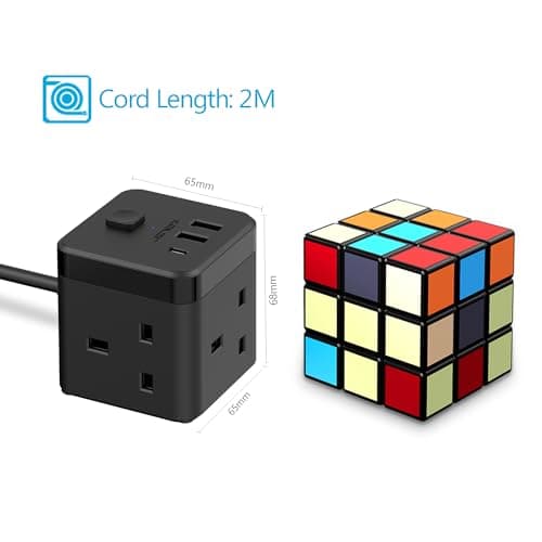 JSVER Cube Extension Lead with 3 USB Ports (5V/2.4A) 3 Outlet Power Strip with Switch Power Socket with 200cm Cable for Home, Office, Hotel, Travel -Black — view 5