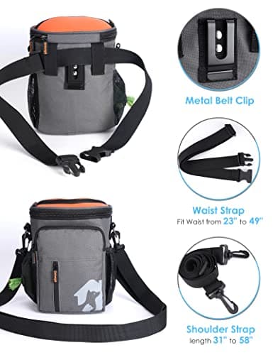 Gobeigo 8 Cup Dog Treat Pouch and Training Clicker, Dog Walking Bag with Phone Holder, Built-in Poop Bag Dispenser, 3 Ways Wearable Pet Fanny Pack for Outdoor Travel(Gray & Black) (Gray/Orange) — view 6