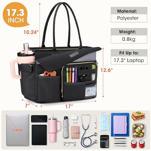 RAINSMORE Teacher Tote Bag for Women with Lunch Compartment Large 17.3 Inch Laptop Bag Large Nurse Bag with Insulated Section Water-Resistant Work Handbag for Office, College, Travel, Black — view 5