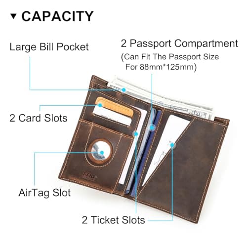 CONTACTS Full Grain Leather Airtag Passport Holder RFID Blocking Travel Passport Wallet Passport Cover for 2 Passports, 2 Card Slots, 1 Cash Slot (Coffee, UK-Badge) — view 4