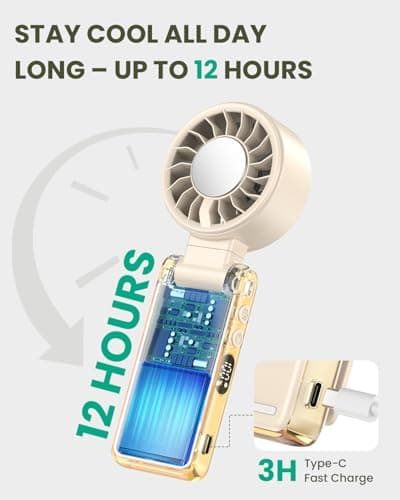 Joneytech Turbo Portable Fan with Ice Cooler, Mini handheld fan with Battery，4-in-1 Foldable Neck Fan with Clip and LED Display, 12 Hours Cooling Fan for Summer Travel Holiday essentials（Cream） — view 6