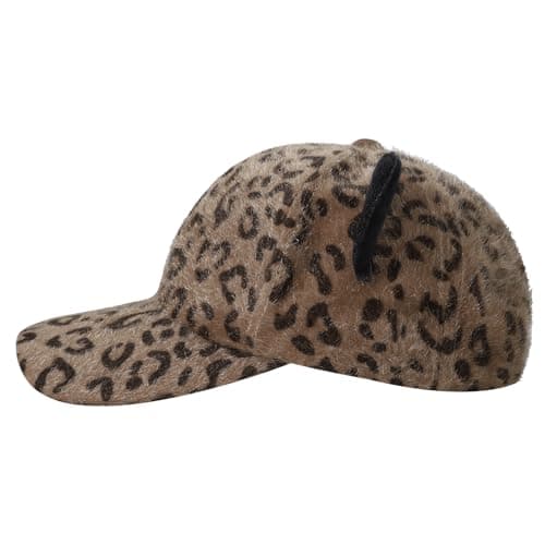 JNGUOSICN Women Winter Baseball Cap Leopard Print Hat with Ears Faux Fur Thermal Baseball Cap Plush Sport Causal Caps Winter Warm Visor Hat for Outdoor Travel Brown — view 3