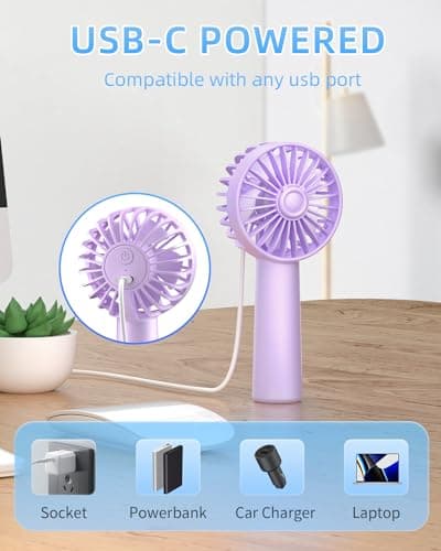 Portable Handheld Fan, Small Personal Hand Fan with 3 Speeds 1800mAh USB Rechargeable, Mini Hand Held Fan for Makeup Eyelash, Travel Gifts for Girls Women Kids — view 5