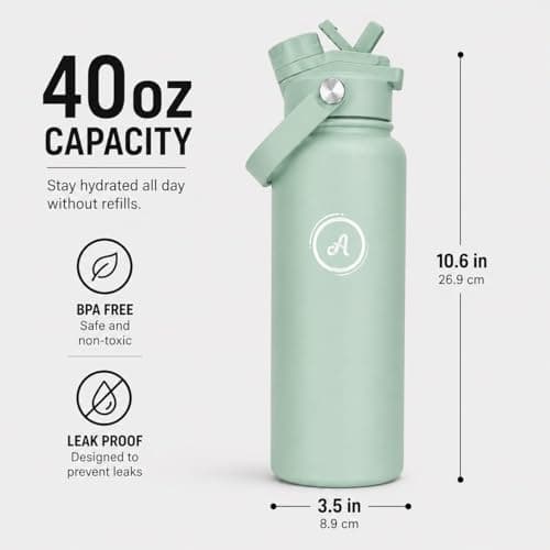 Austika Trends 2-in-1 40oz Stainless Steel Water Bottle with Straw and Leakproof Spout Lid, Insulated Sports Bottle with Handle for Gym, School and Travel (Mint Green) — view 4