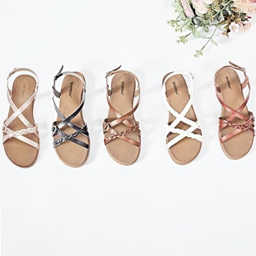 Veittes Women's Dressy Casual Strappy Flat Slide Sandals,White 10 — view 6