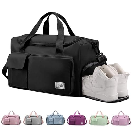 RainFlowwer Travel Duffel Bag Women Men,Sports Gym Bag with Shoes Compartment,Waterproof Travel Bag Overnight Bag with Dry Wet Separated Pocket,Carry Luggage Bag Weekender,Sports,Gym,Travel (Black)