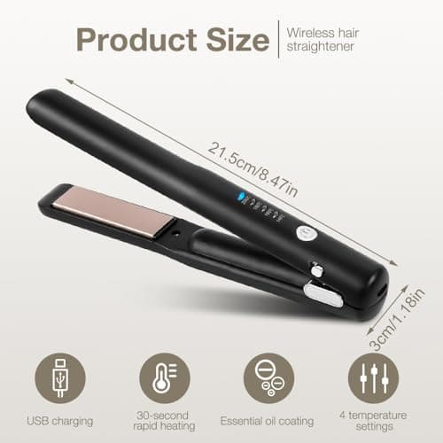 Cordless Hair Straighteners, 2 in 1 Mini Hair Straightener and Curler with 4 Temp Settings & Fast Heating, USB Rechargeable Travel Straighteners Mini Portable for Short to Long (Black) — view 2