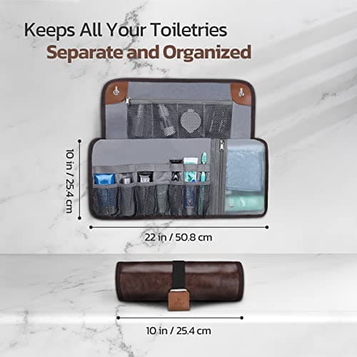Toiletry Bag for Men, Travel Dopp Kit, Water-Resistant Bathroom Roll Organizer for Shaving Kit, Hygiene, Toiletry Accessories, 1.Brown(PU Leather), Practical — view 2