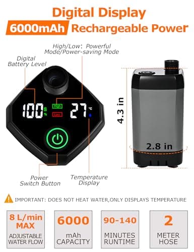 innhom Portable Camping Shower, 6000mAh Rechargeable Camp Shower Pump with LED Display, IPX7 Waterproof & 2 Spray Modes Electric Outdoor Shower for Hiking, Travel, Pet Bathing and Car Washing, Gray — view 3