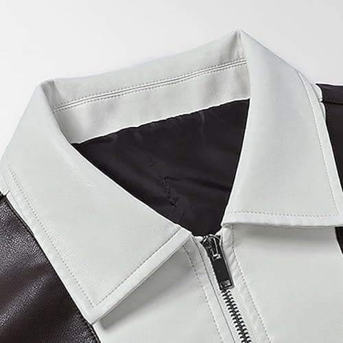 Men's PU Outdoor Casual Style Loose Jacket Coat Stand-Up Collar Leather Jacket Leather Sleeves Sewing Jacket Punk Bomber Jacket Vintage Black White Motorcycle Jackets Casual Autumn Winter Wind Jacket — view 5