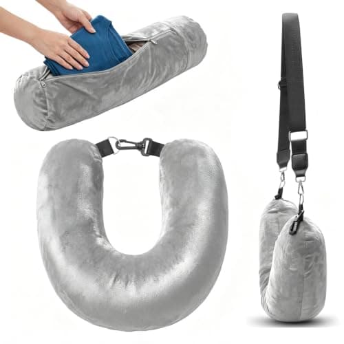 Peaflew Stuffable Neck Pillow for Travel, U-Shaped Pillow with Storage Bag, Neck Pillow Storage with Adjustable Strap, Travel Pillow with Soft Head Support for Airplane, Camping, Train, Hiking (Gray)