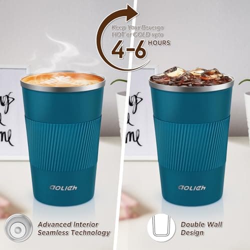 Aolieh Travel Mug 380 ml, Insulated Coffee Cup with Lid, Reusable Stainless Steel Thermal Cup for Coffee, Tea & Cold Drinks, Leak-Resistant Double-Walled Travel Mug, Blue — view 3