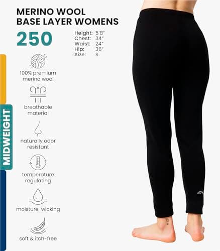 100% Merino Wool Base Layer Womens Leggings, Thermal Underwear + Wool Socks (Medium, Black) — view 2