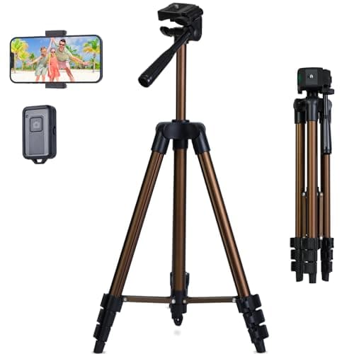 Phone Tripod, LINKCOOL 50" Aluminum Lightweight Portable Camera Tripod for iPhone/Samsung Smartphone/Action Camera/Small DSLR Camera, With Phone Holder & Wireless Remote (Gold Brown)
