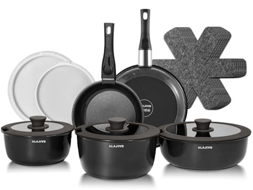 Non Stick Pots and Pans Set 17 Piece, Induction Hob Pan Set with Removable Handle, Kitchen Stackable Ceramic Cookware Sets, Frying Pan Saucepan Saute Pan with Lids, Suitable for All Hob Types
