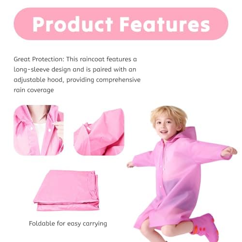 AropaeenGlowry 2pcs Kids Waterproof Rain Poncho with Hood & Sleeves - Reusable EVA Raincoat for Boys Girls, Camping & Travel, Pink — view 6