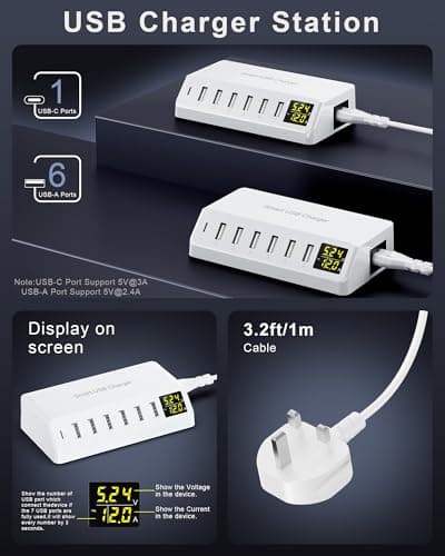 USB Charger 60W 7-Port USB Desktop Charger with LED Screen, Multi-Device Charging Station with Real-Time Power Monitoring for Phone,Fast Charging Hub for Home, Office, Travel — view 2
