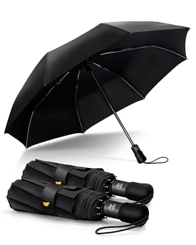 Chakipee Compact Travel Umbrella Windproof Strong- Automatic Folding Umbrellas for Wind and Rain, Portable 210T Fabric 106cm Span - 8 Ribs Portable Umbrella for Men and Women Black 2 Pack