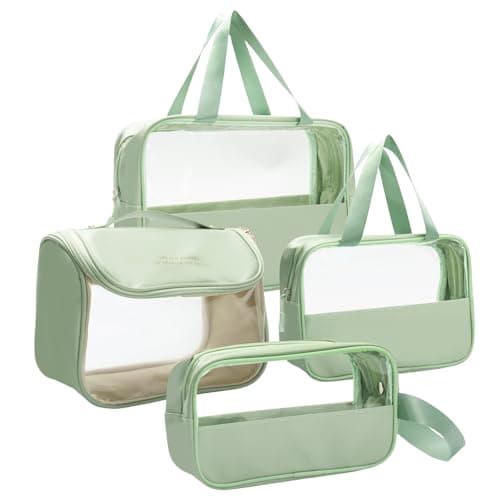 LELEWANGLUO Transparent Travel Toiletry Bag, 4 PCS Portable Waterproof PVC+PU Makeup Bag with Zippers, Green